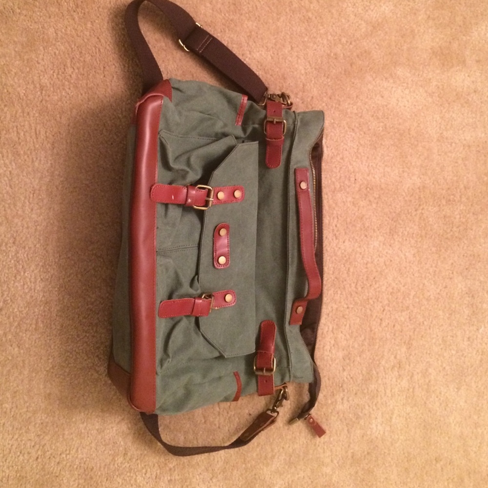 Canvas and Leather Shoulder Bag in Olive Green and Brown